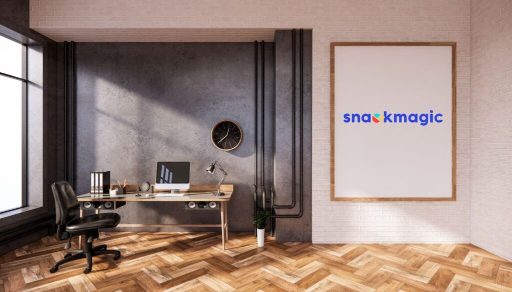 An office with a Snackmagic frame hung on the wall
