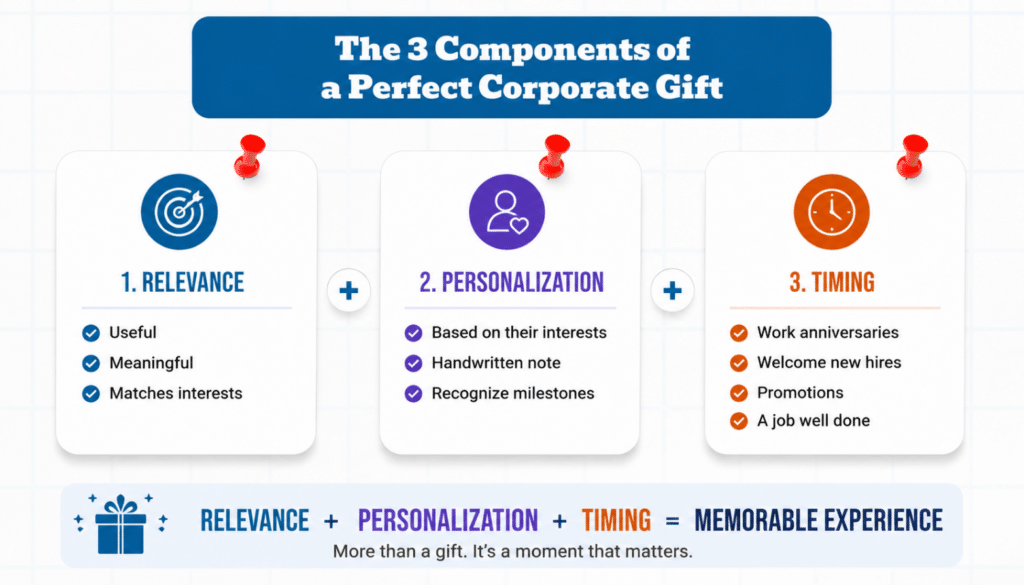 an infograpghic on the 3 components for the perfect corporate gift